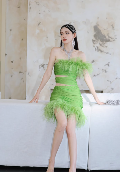 Green Feahter Sexy Sheath One Shoulder Pleated Satin Outfit Party Dress Homecoming Dress SH3523