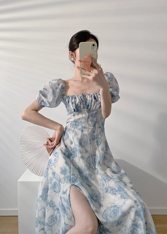 Blue Rose A Line Puff Chiffon Prom Dress Outfits with Slit SH4729