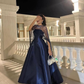 Navy Blue A Line Strapless Satin Prom Dress Evening Dress with Cap SH1904