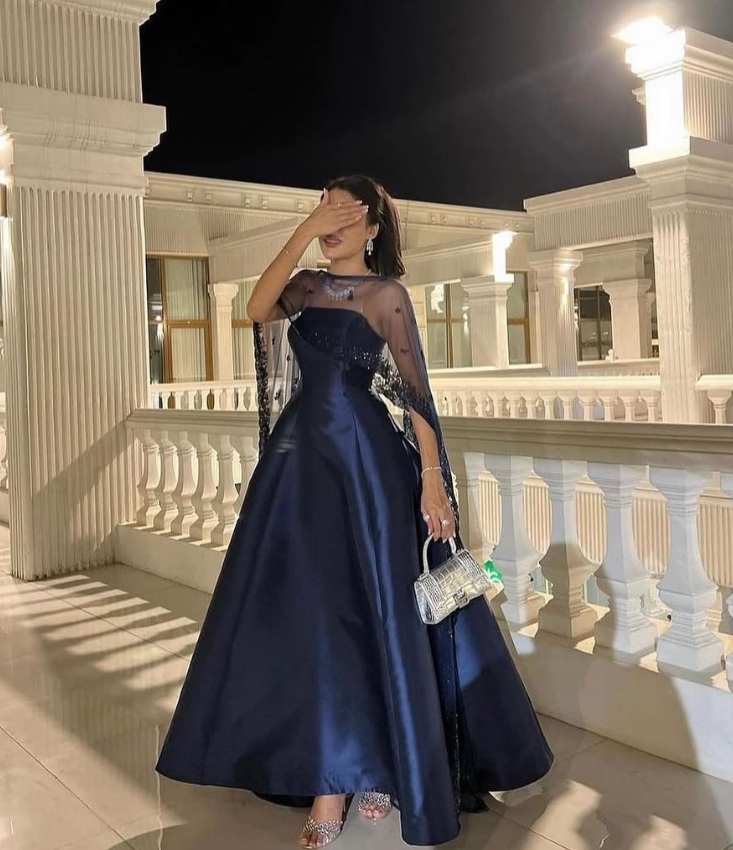 Navy Blue A Line Strapless Satin Prom Dress Evening Dress with Cap SH1904