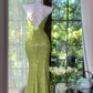 Green Mermaid Spaghetti Strap Lace Prom Dress Wedding Guest Dress with Slit SH4488