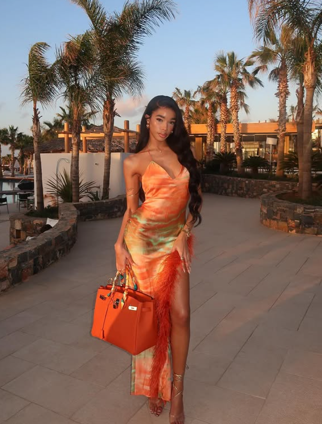 Orange Sheath Spaghetti Strap Feather Satin Prom Dress Vacation Dress with Slit SH4492