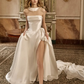 Simple Ball Gown Strapless Pearl White Satin Long Train Wedding Dress SH6992