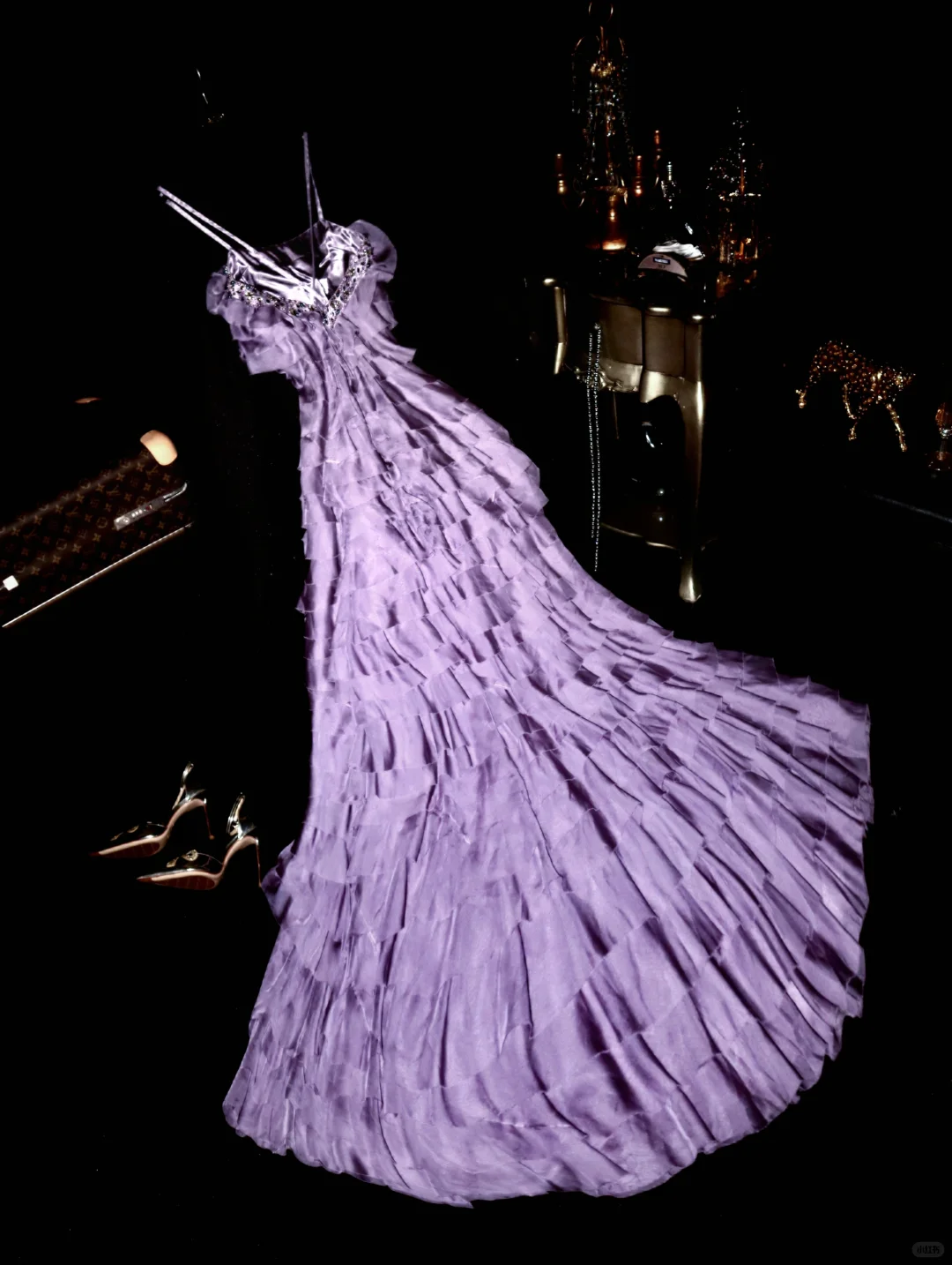 Vintage Mermaid Spaghetti Strap Purple Sequin Beaded Satin Long Sweep Party Dress Evening Dress SH3062