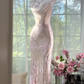 Beige Elegant Sheath Print Floral Chiffon Long Prom Dress Graduation Prom Dress SH5346