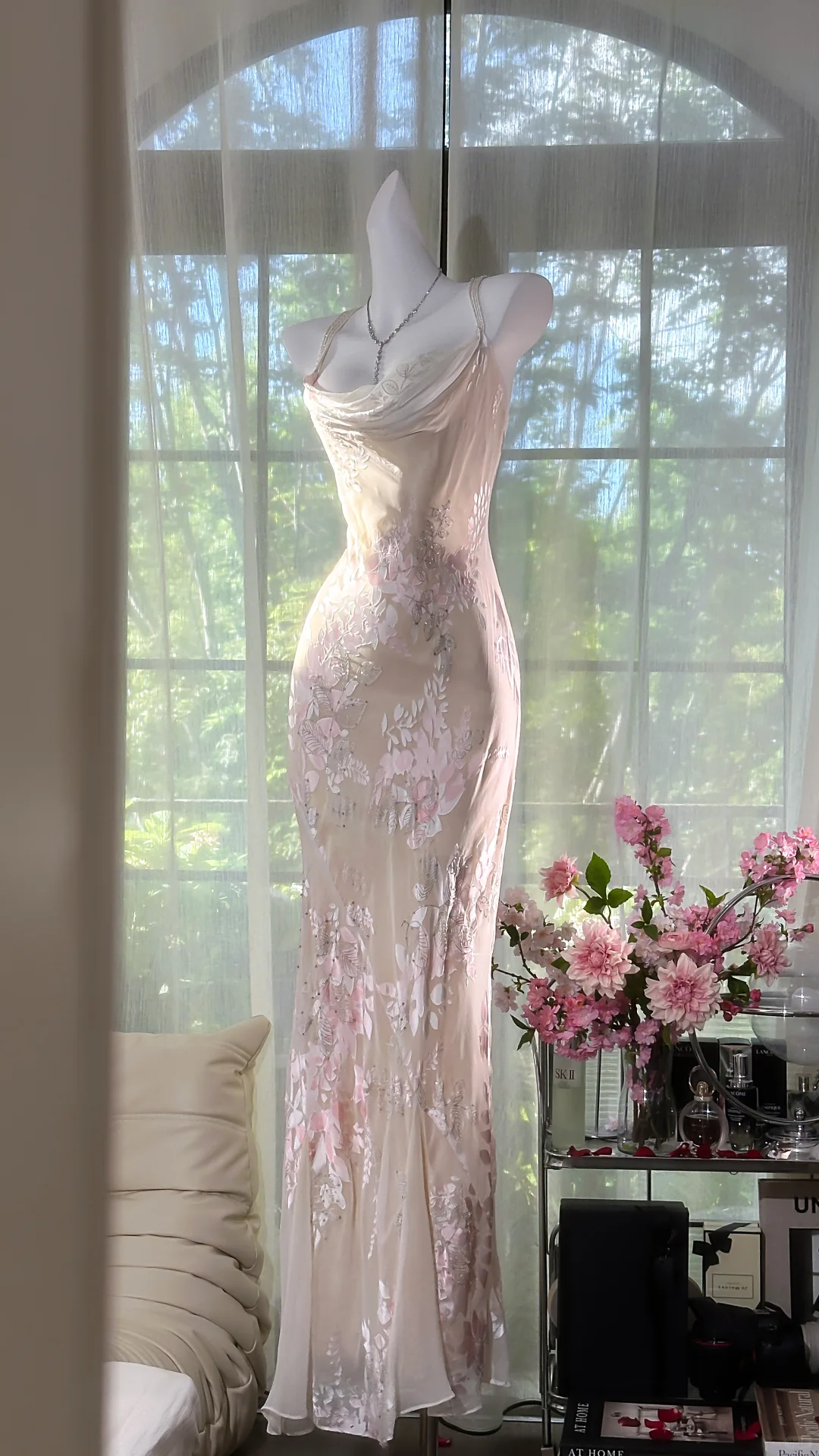 Beige Elegant Sheath Print Floral Chiffon Long Prom Dress Graduation Prom Dress SH5346