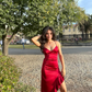 Burgundy Sheath Spaghetti Strap Ruffle Satin Open Back Prom Dress Party Dress SH4014