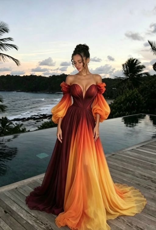 Unique A Line Long Sleeve Orange Ombre Chiffon Prom Dress Evening Dress SH2363 Unique A Line Long Sleeve Orange Ombre Chiffon Prom Dress Evening Dress SH2363