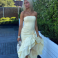 Mermaid Strapless Ruffle Light Yellow Satin Long Prom Dress Evening Dress SH1780