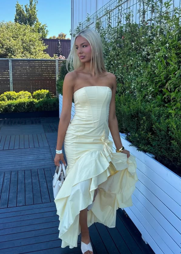 Mermaid Strapless Ruffle Light Yellow Satin Long Prom Dress Evening Dress SH1780