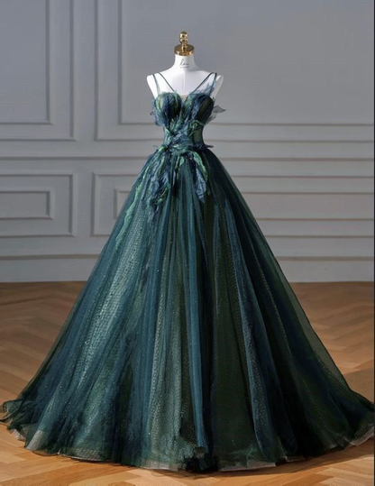 Elegant A Line Dark Green Tulle Long Prom Dress SH1302
