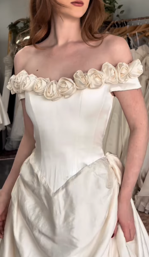 Retro Beige A Line Off the Shoulder 3D Flower Satin Wedding Dress SH6087