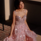 Elegant A Line Off the Shoulder Tiered Sequin Light Pink Tulle Prom Dress Evening Dress SH2385