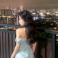 Baby Blue A Line Off the Shoulder Sequin Satin Long Prom Dress Graduation Prom Dress SH2452