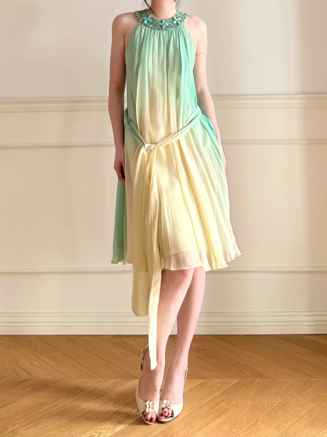 Vintage Yellow Green Ombre Beaded Chiffon Knee Length Wedding Guest Dress Prom Dress SH5442