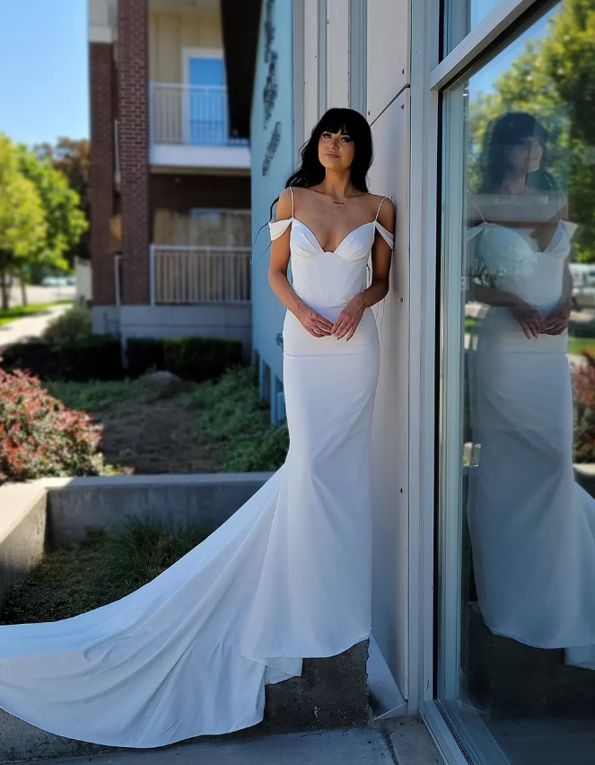 White Beautiful Mermaid Off the Shoulder Satin Long Train Wedding Dress SH7123