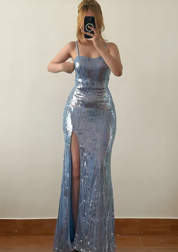 Shiny Baby Blue Sheath Spaghetti Strap Sequin Long Prom Dress Evening Dress SH6892