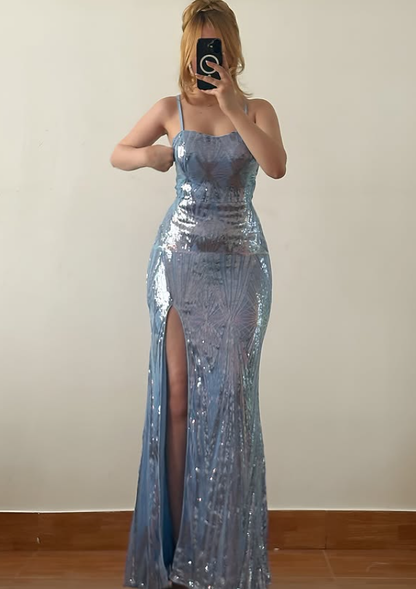 Shiny Baby Blue Sheath Spaghetti Strap Sequin Long Prom Dress Evening Dress SH6892