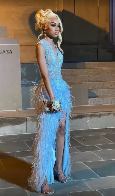 Luxurious Blue Lace Feathers Slit Prom Dresses SH928
