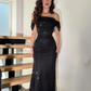 Sexy Black Sheath Off the Shoulder Sequin Tulle Prom Dress Evening Dress SH6063