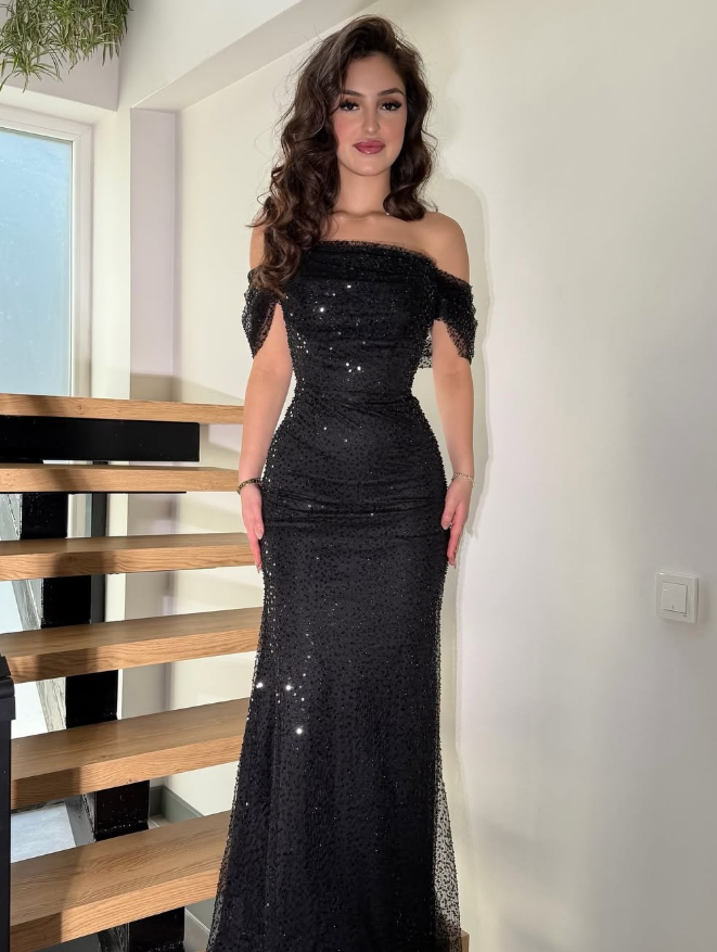 Sexy Black Sheath Off the Shoulder Sequin Tulle Prom Dress Evening Dress SH6063