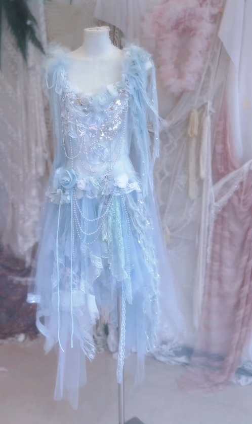 Baby Blue A Line Straps Floral Beaded Tulle Short Prom Dress 16th Birthday Dress SH4263