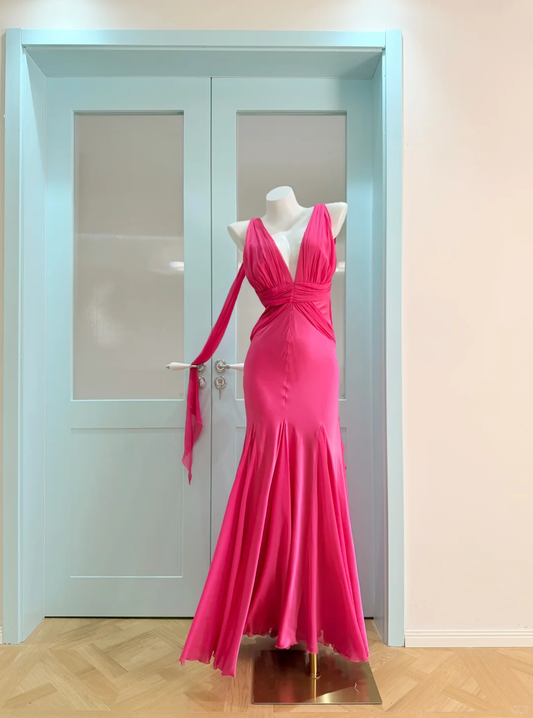 Pink Vintage Mermaid V Neck Satin Prom Dress Outfits SH5509