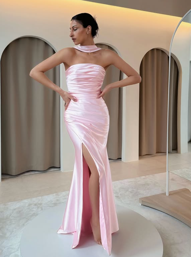 Romantic Mermaid Strapless Satin Slit Prom Dress Party Evening Dress SH5710