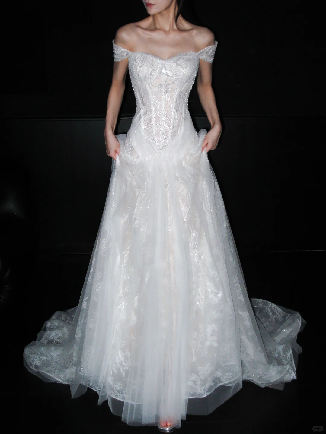 Dreamy A Line Off the Shoulder White Beaded Lace Tulle Long Train Wedding Dress SH8902