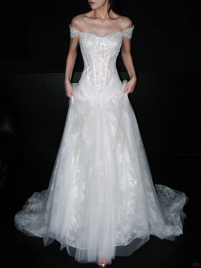 Dreamy A Line Off the Shoulder White Beaded Lace Tulle Long Train Wedding Dress SH8902