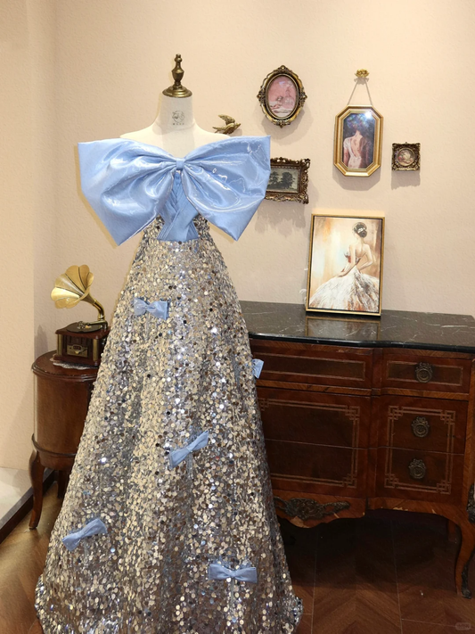 Stunning Blue Bow A Line Strapless Silver Sequin Long Prom Dress Evening Dress SH3672