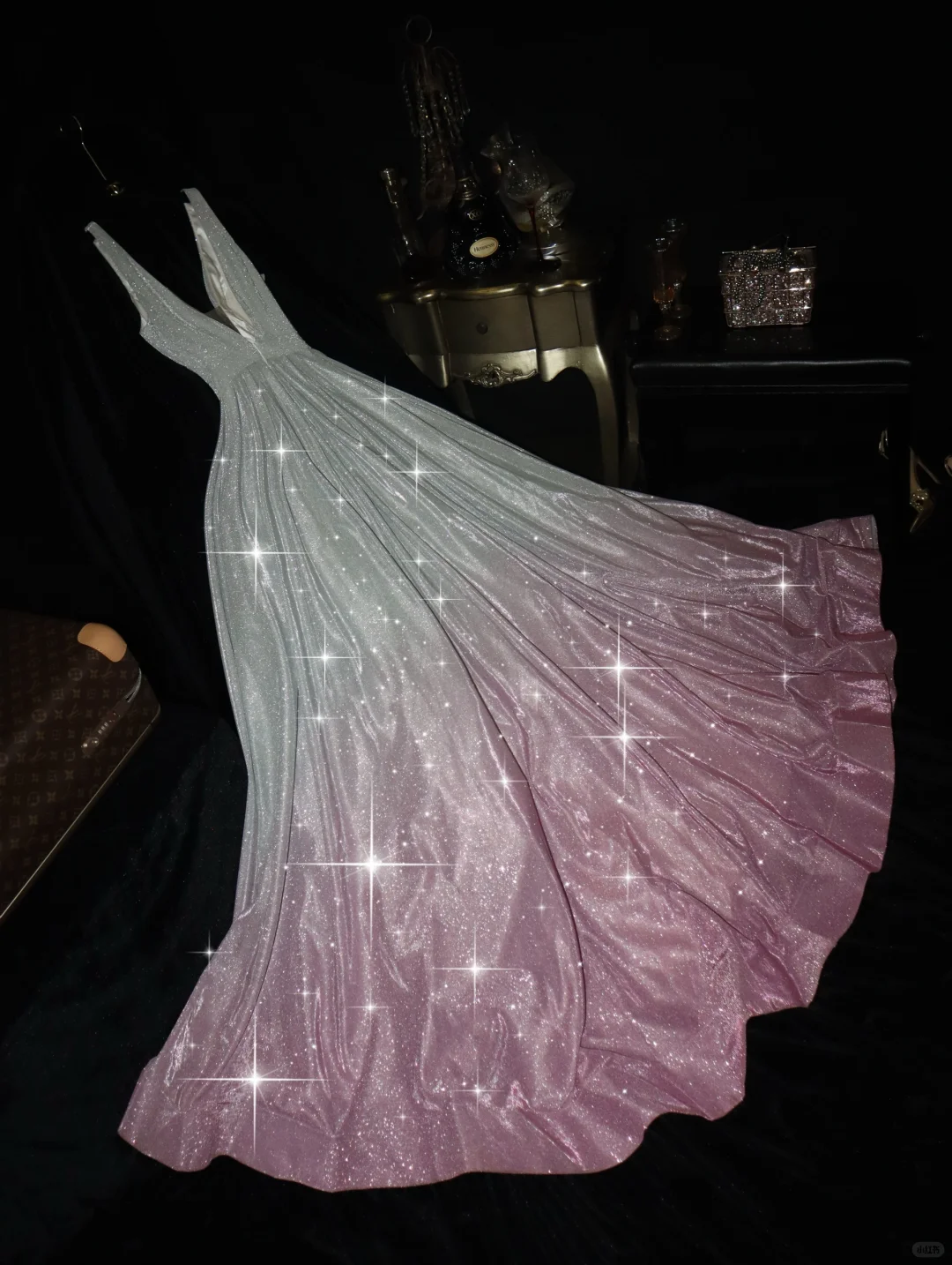 Stunning A Line V Neck Pink Silver Ombre Sequin Prom Dress Evening Dress SH3105