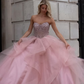 Pink A Line Strapless Shiny Beaded Ruffle Tulle Long Prom Dress Evening Dress SH8822