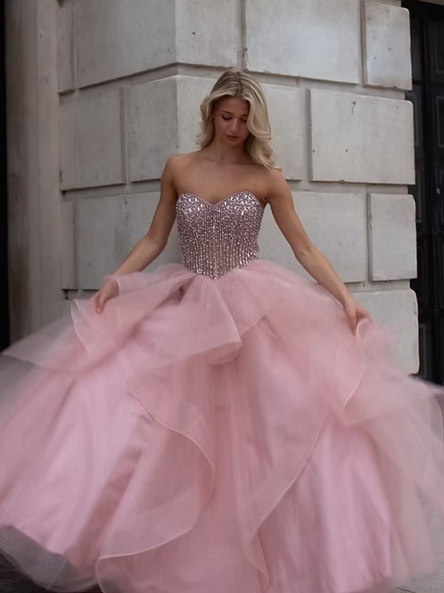 Pink A Line Strapless Shiny Beaded Ruffle Tulle Long Prom Dress Evening Dress SH8822