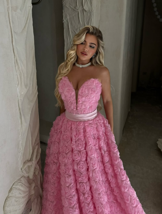 Pink Rose A Line Sweetheart Neck Tulle Long Prom Dress Evening Dress SH6055