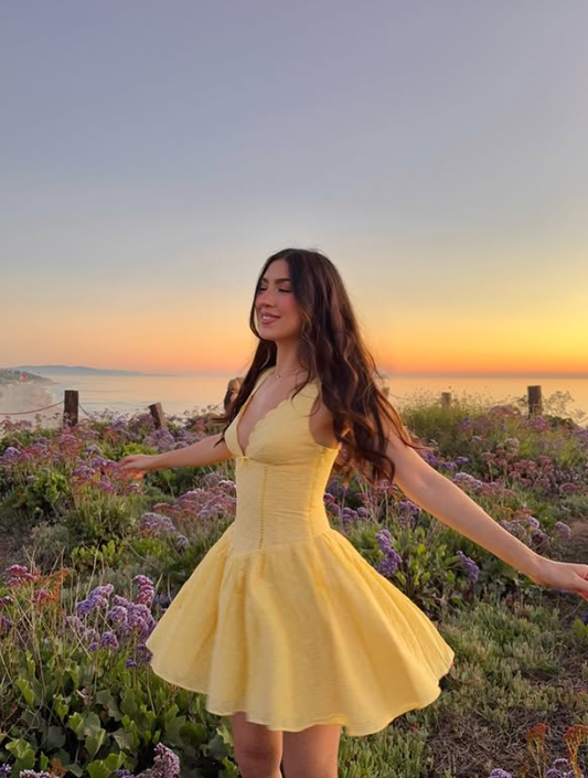 Simple A Line V Neck Yellow Satin Short Prom Dress Homecoming Dress SH6389