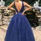 V Neck Open Back Blue Lace Long Prom Dresses Evening Dresses SH1725