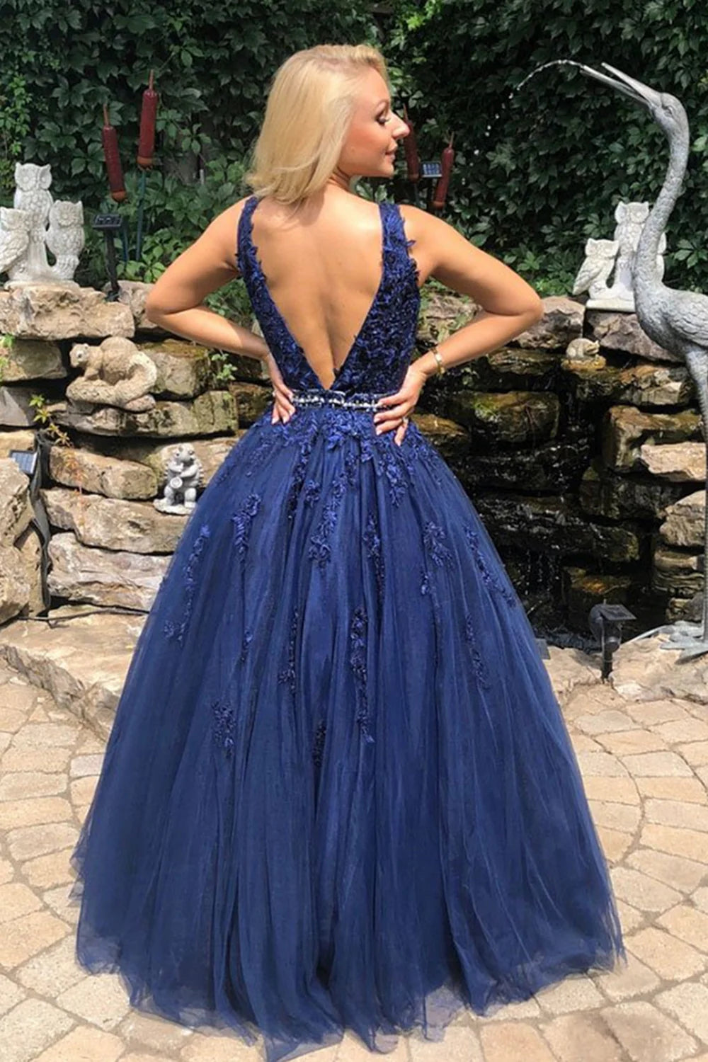 V Neck Open Back Blue Lace Long Prom Dresses Evening Dresses SH1725