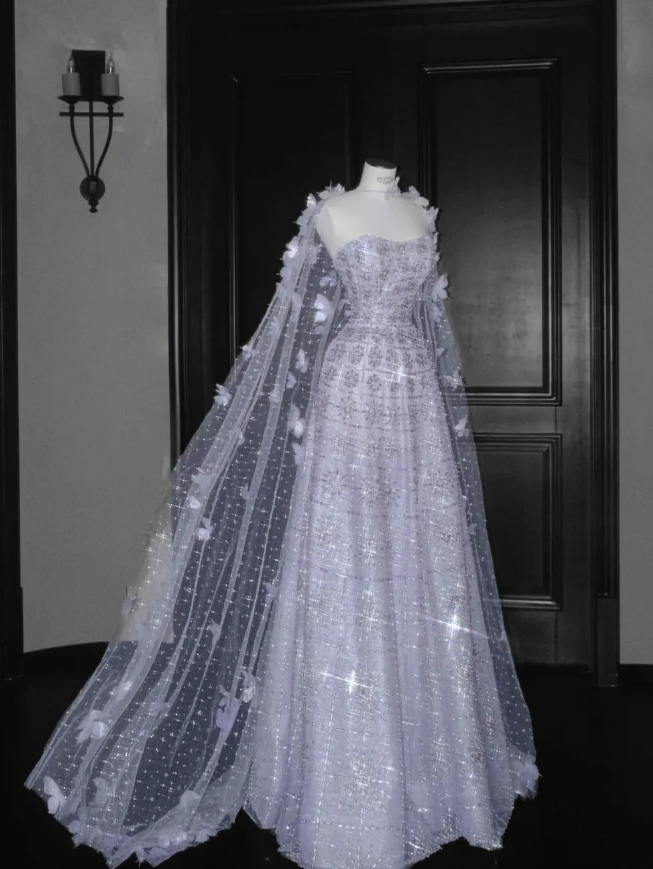 Purple Butterfly A Line Strapless Sequin Tulle Long Prom Dress Party Dress SH3249