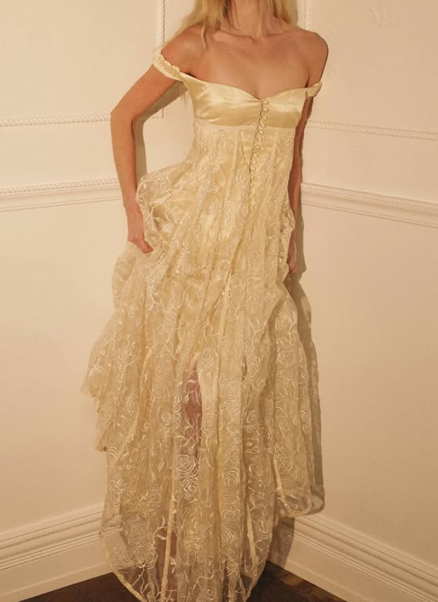 Vintage A Line Off the Shoulder Apricot Satin Lace Prom Dress Evening Dress SH6266