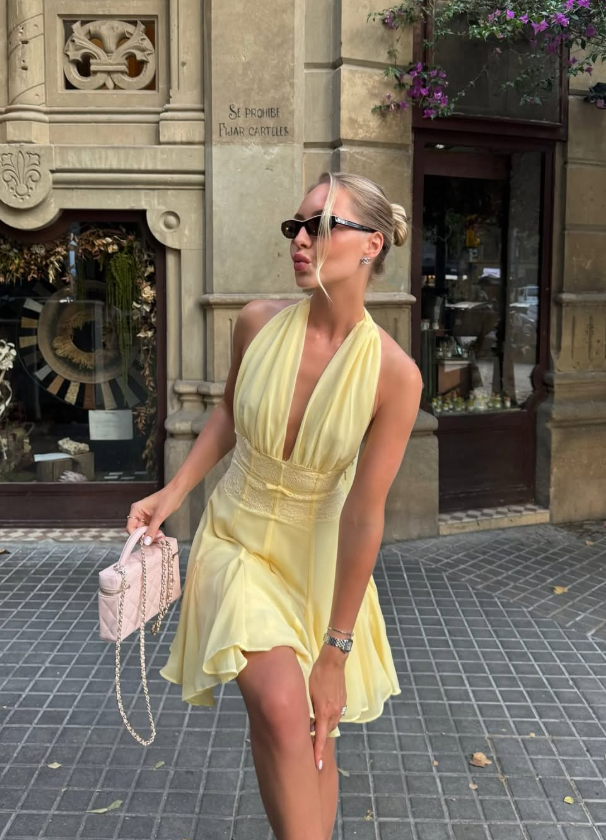 Yellow A Line V Neck Lace Chiffon Short Prom Dress Homecoming Dress SH7172