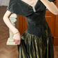 Vintage Olive Green A Line Off the Shoulder Velvet Satin Long Prom Dress SH5173