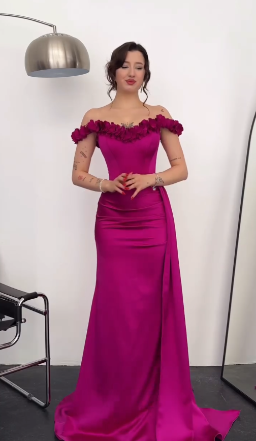 Hot Pink Mermaid Off the Shoulder Floral Satin Prom Dress Party Dress SH4842