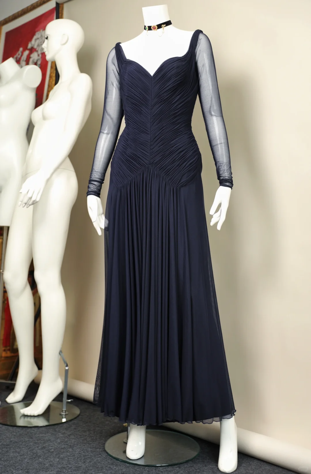 Navy Blue A Line Long Sleeve Tulle Prom Dress Evening Dress SH5131