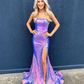 Stunning Purple Mermaid Strapless Shiny Sequin Slit Long Prom Dress Evening Dress SH6772