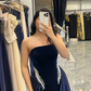 Pretty Navy Blue A Line Strapless Beaded Velvet Satin Long Prom Dress Wedding Guest Dress SH5406