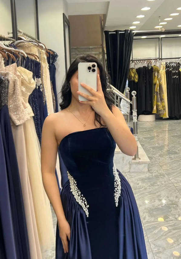 Pretty Navy Blue A Line Strapless Beaded Velvet Satin Long Prom Dress Wedding Guest Dress SH5406