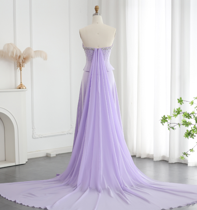 Lilac A Line Sweetheart Neck Beaded Satin Chiffon Long Prom Dress Evening Dress SH2370