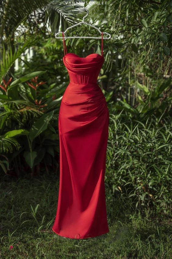 Spaghetti Straps Red Mermaid Prom Dress Elegant Evening Dress SH1044