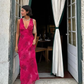 Charming Deep V Neck Satin Print Floral Long Evening Gown Prom Dress SH950